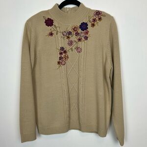 Vintage Alfred Dunner Knit Sweater- Floral Embroidery Mock Neck Wool Blend